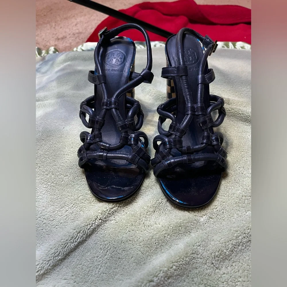 Tory Burch Black and Tan Strappy Block Heels - Picture 13 of 15